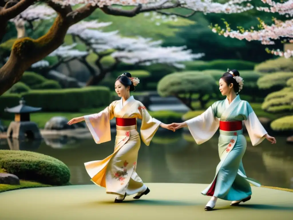 Danzas de la Corte Imperial Japonesa: Elegancia y tradición en una danza grácil entre cerezos en flor y un jardín sereno