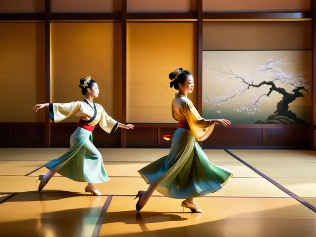 Danzas de la Corte Imperial Japonesa: Gracia y belleza en un palacio adornado con motivos de cerezos, bailarines elegantes en movimiento sereno