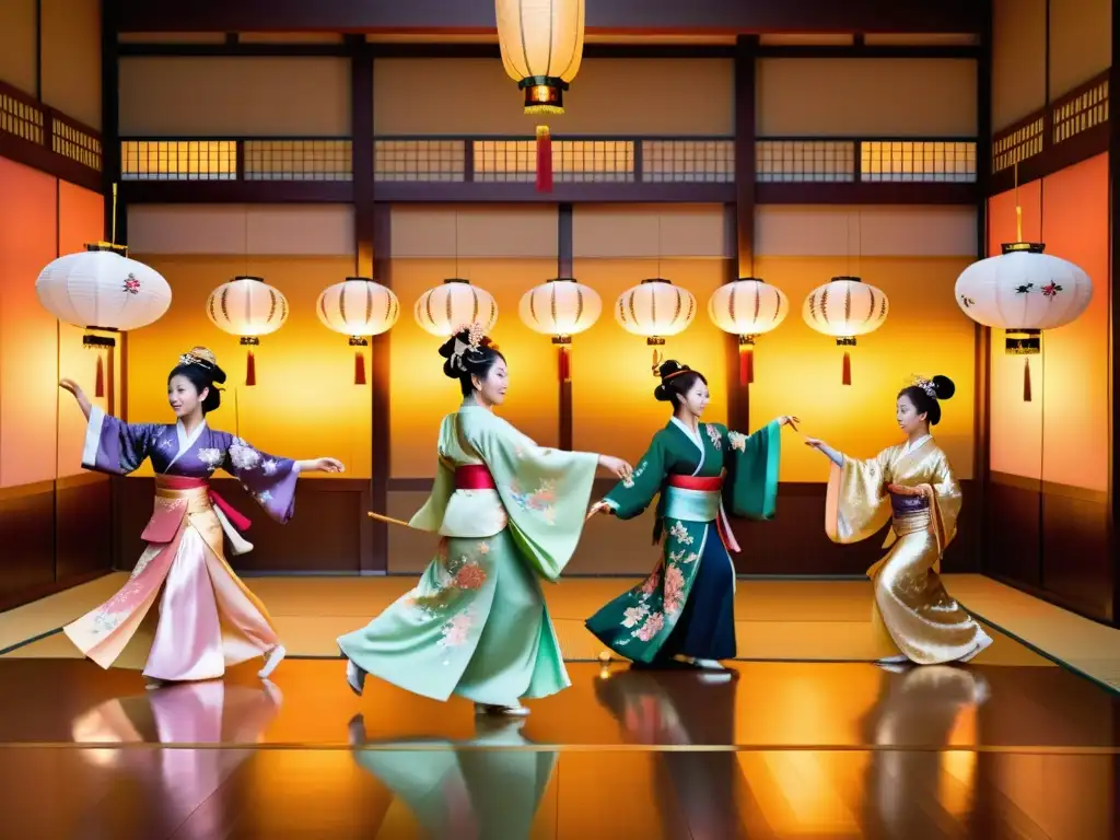 Danzas de la Corte Imperial Japonesa: Majestuoso baile tradicional en un palacio ricamente decorado, con kimonos coloridos y movimientos precisos