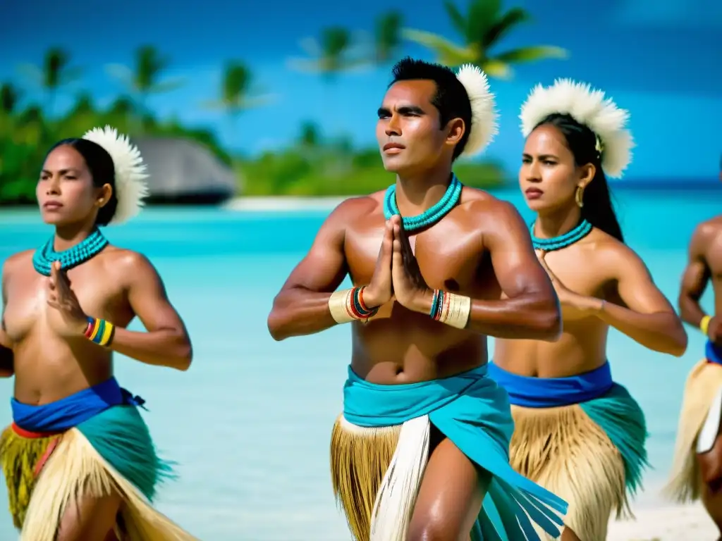 Danzas Kiribati: grupo danzantes en trajes tradicionales, expresando reverencia y espiritualidad al ritmo de la música sagrada