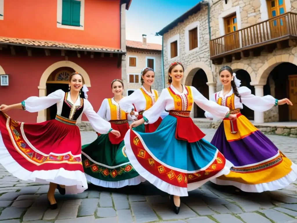 Danzas folclóricas balcánicas significado cultural: Grupo de bailarines en trajes tradicionales vibrantes, expresando alegría y destreza en una animada danza en una pintoresca plaza de pueblo