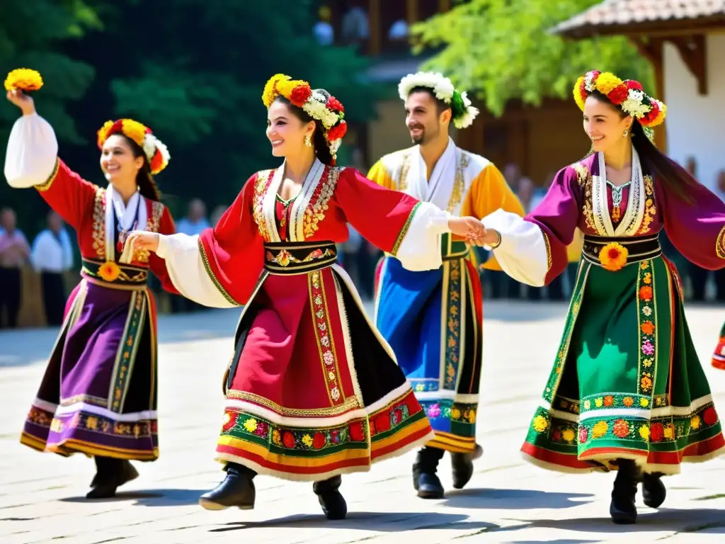 Danzas folk búlgaras tradicionales: Grupo de bailarines ejecutando una animada y elaborada rutina en trajes coloridos, rodeados de decoraciones florales vibrantes