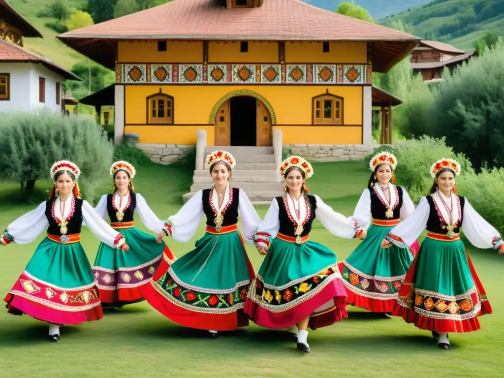 Danzas folk búlgaras tradicionales: Grupo de bailarines vistiendo coloridos trajes bordados, ejecutan el baile 'Horo' en un entorno rural pintoresco