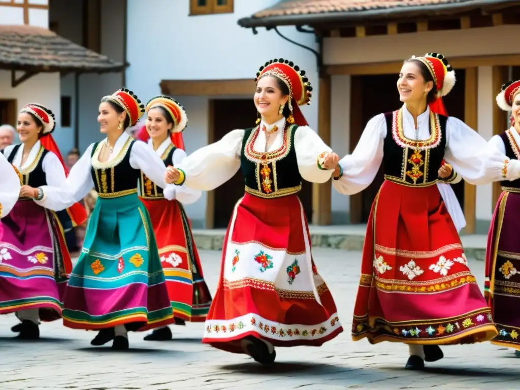 Danzas folk búlgaras tradicionales: Grupo bailando en trajes coloridos, rodeados de espectadores y paisaje rural bulgaro