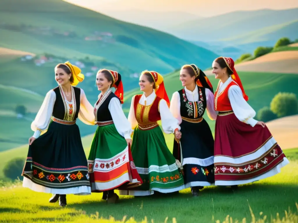 Danzas folklóricas de los Balcanes: Grupo de bailarines en trajes tradicionales, danzando con alegría en las verdes colinas bajo el cálido sol dorado