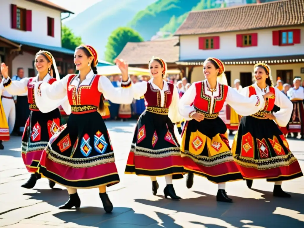 Danzas folklóricas de los Balcanes: Grupo de bailarines en trajes tradicionales coloridos, ejecutando una danza llena de energía en una plaza animada