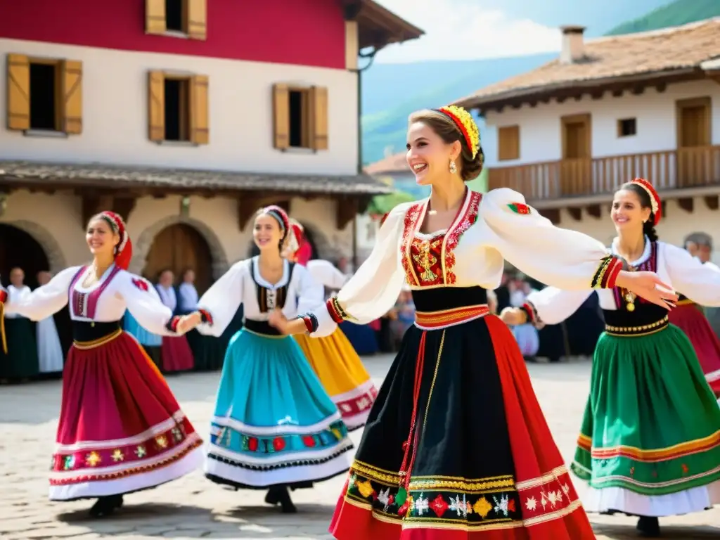 Danzas folklóricas de los Balcanes: Grupo de bailarines con trajes vibrantes, danzando en una plaza rural con músicos y espectadores sonrientes