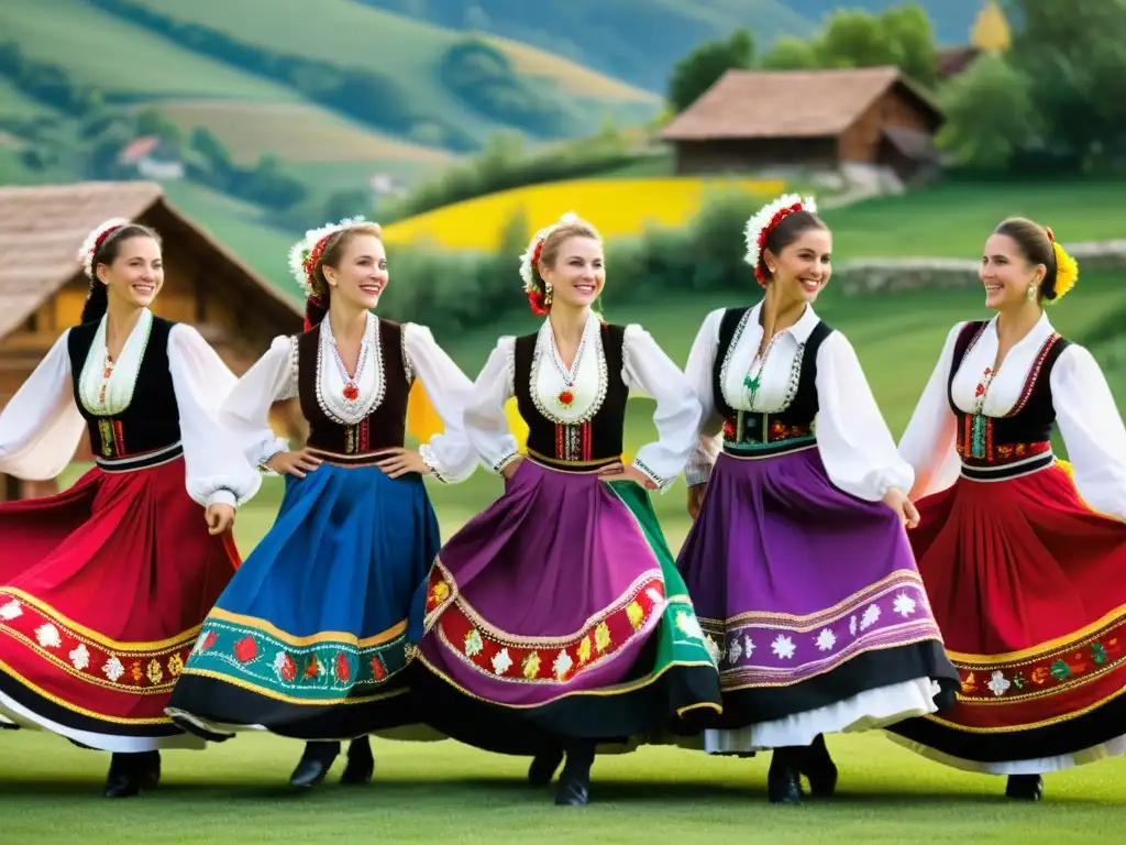 Danzas folklóricas de los Balcanes: Grupo de bailarines con trajes vibrantes, expresiones alegres y danza sincronizada en un escenario campestre