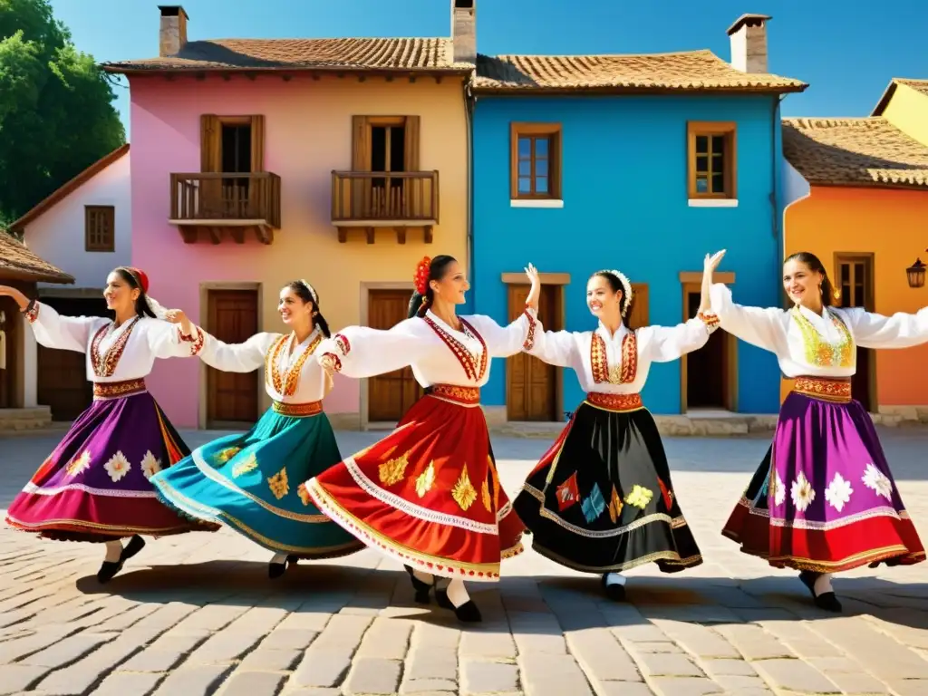 Danzas folklóricas de los Balcanes: Grupo de bailarines vistiendo trajes tradicionales, bailando en una plaza con edificios coloridos de fondo