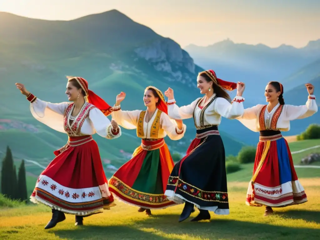 Danzas folklóricas de los Balcanes: Grupo vibrante bailando en trajes tradicionales con expresiones intensas, montañas al atardecer de fondo