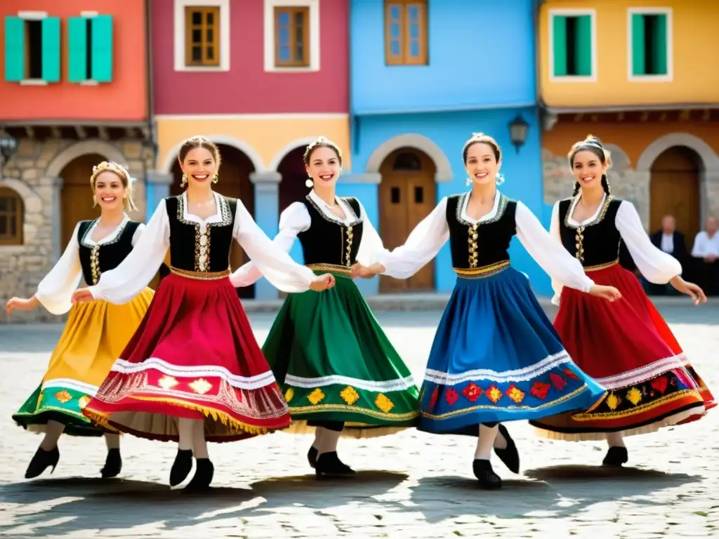 Danzas folklóricas de los Balcanes: Grupo de bailarines con trajes tradicionales, movimientos llenos de pasión y energía en una plaza de pueblo