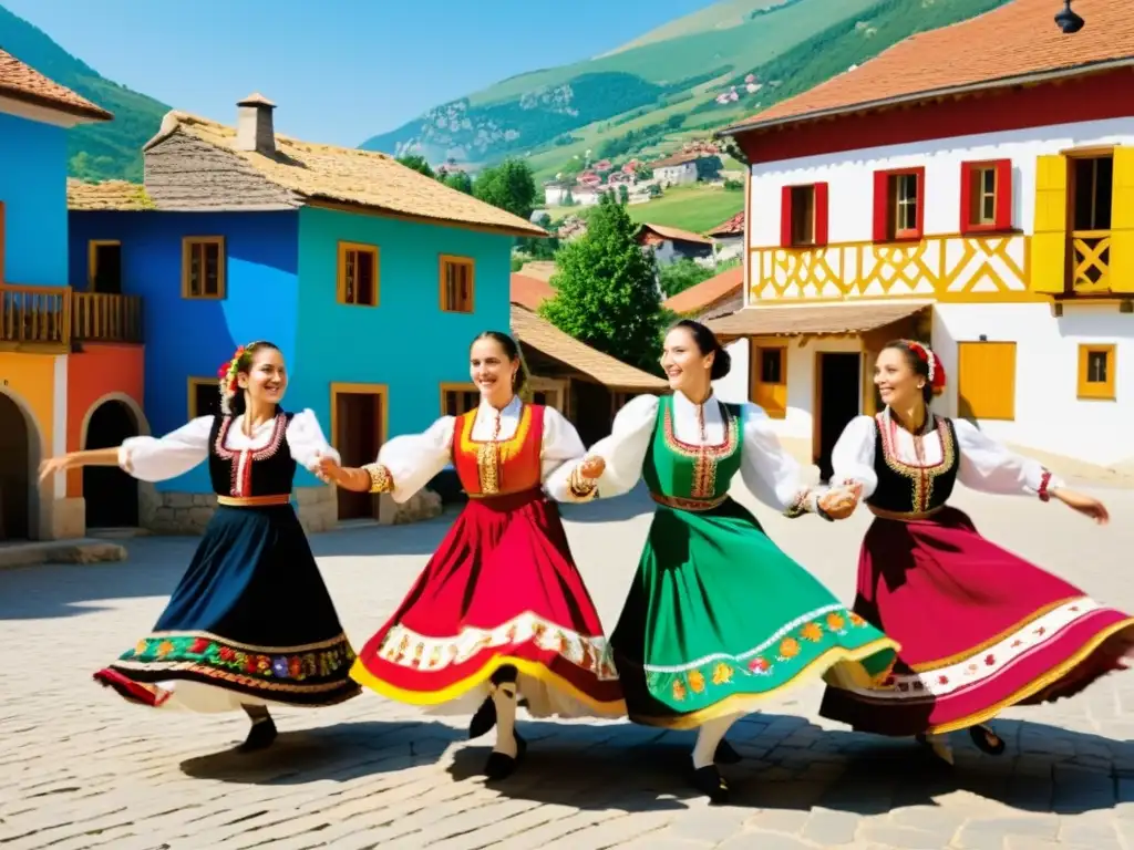 Danzas folklóricas de los Balcanes: Grupo de bailarines en trajes tradicionales, danzando en una plaza soleada entre colinas y edificios coloridos