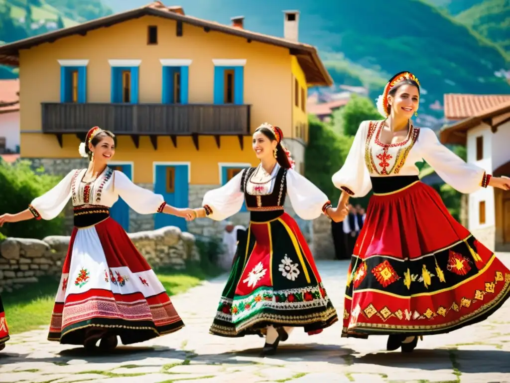 Danzas folklóricas de los Balcanes: Grupo de bailarines en trajes vibrantes danzando al aire libre en un ambiente cultural y pintoresco