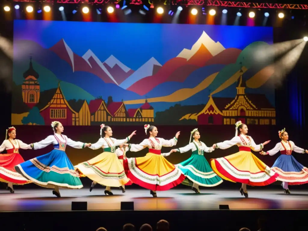 Danzas folklóricas internacionales Friburgo: Grupo diverso de bailarines en trajes tradicionales coloridos, actuando con gracia y energía en un escenario vibrante