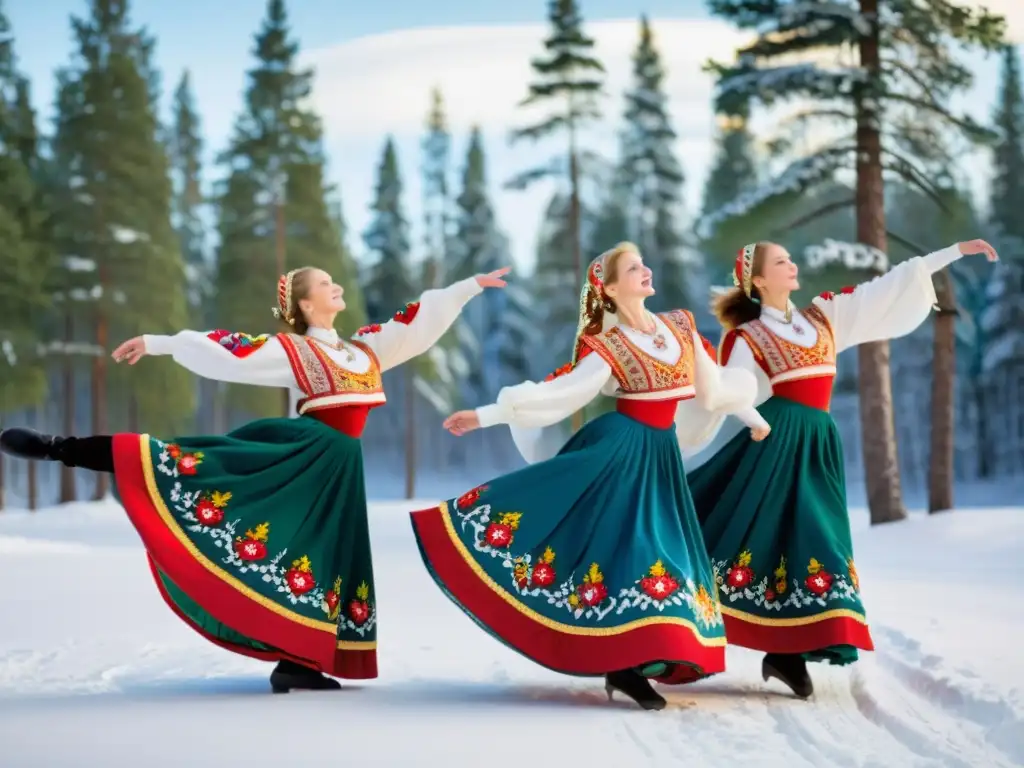 Danzas folklóricas rusas en la nieve, con trajes tradicionales y movimientos elegantes