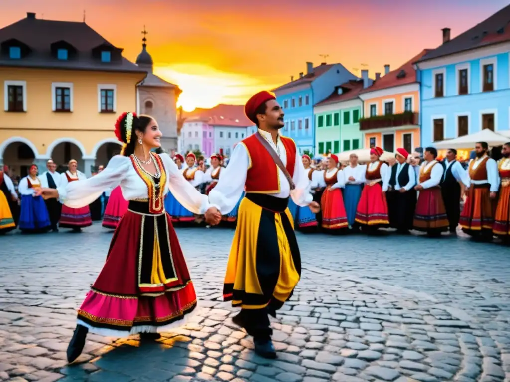 Danzas gitanas tradicionales Europa: Grupo de bailarines romani en coloridos trajes, danzando con pasión en plaza de Europa del Este