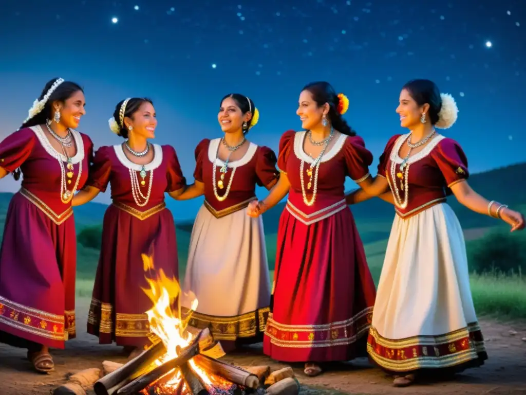 Danzas gitanas tradicionales Europa: Mujeres gitanas bailando alrededor de la fogata bajo el cielo estrellado, expresando orgullo cultural