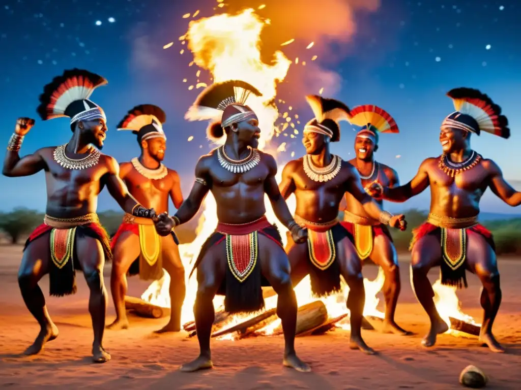 Danzas guerreras africanas alrededor del fuego bajo el cielo estrellado, con significado cultural palpable