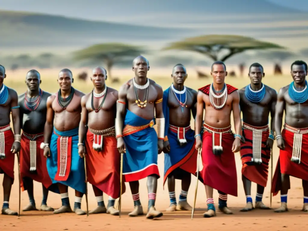 Danzas guerreros Maasai tradición cultural: Detalle asombroso de una danza poderosa en la sabana africana al atardecer