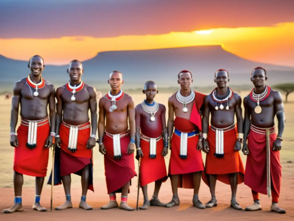 Danzas guerreros Maasai tradición cultural: Grupo de guerreros Maasai danzando al atardecer en la sabana, con vivos colores y joyas