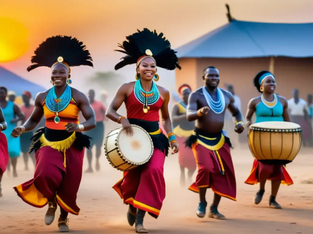 Danzas de Libertad de Angola: Grupo de bailarines angoleños en trajes tradicionales, moviéndose con gracia al ritmo de tambores en una plaza polvorienta al atardecer