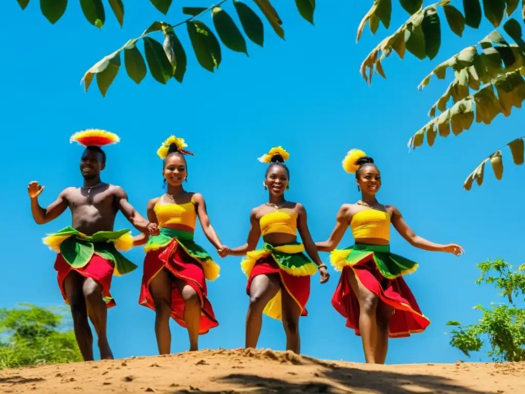 Danzas de Libertad de Angola: Grupo de bailarines angoleños en trajes tradicionales, danzando con energía y vitalidad bajo el cálido sol africano