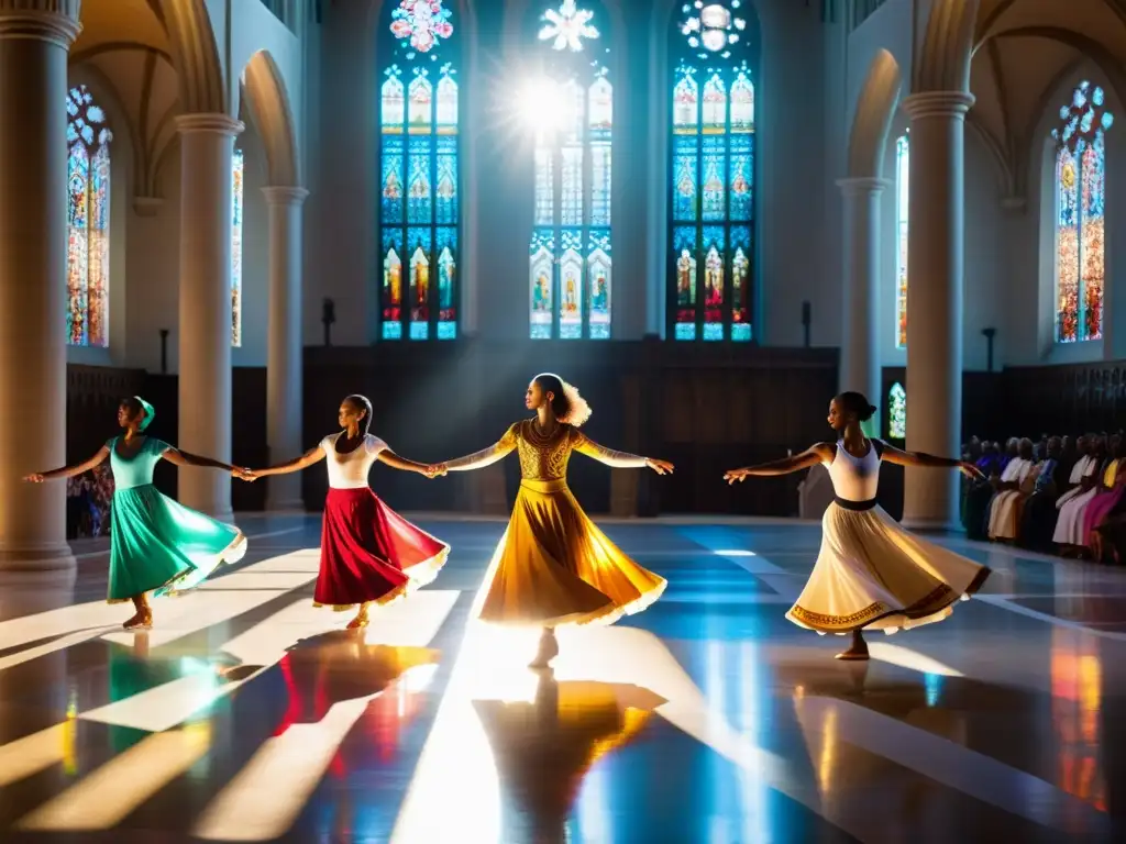 Danzas litúrgicas significado cultural: Grupo diverso bailando con gracia en una catedral soleada, con vidrieras coloridas