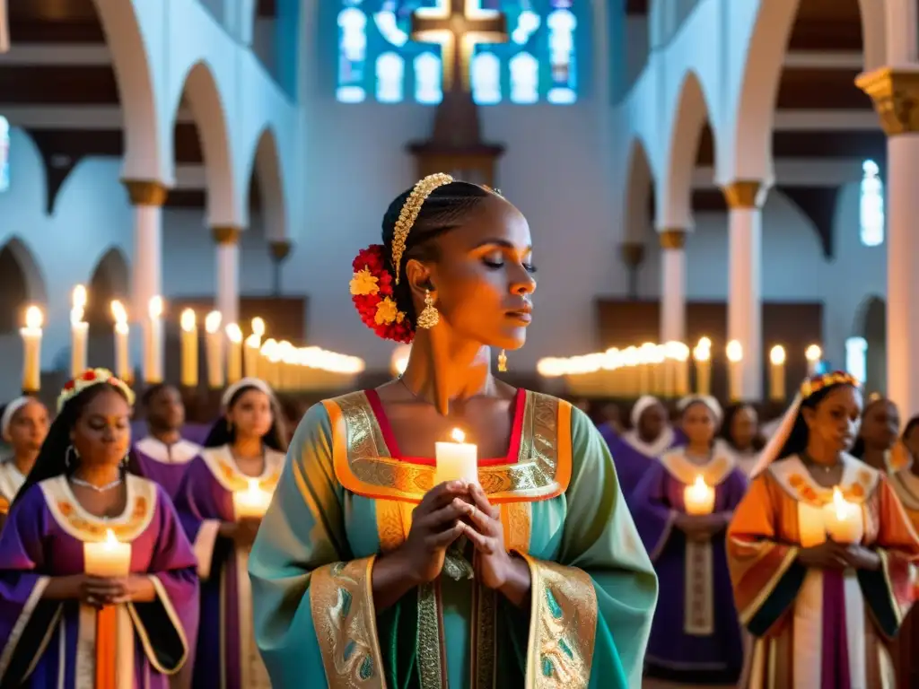 Danzas litúrgicas significado cultural: Grupo de bailarines en atuendos tradicionales ejecutando una danza sagrada en una iglesia, con una atmósfera de reverencia y devoción espiritual