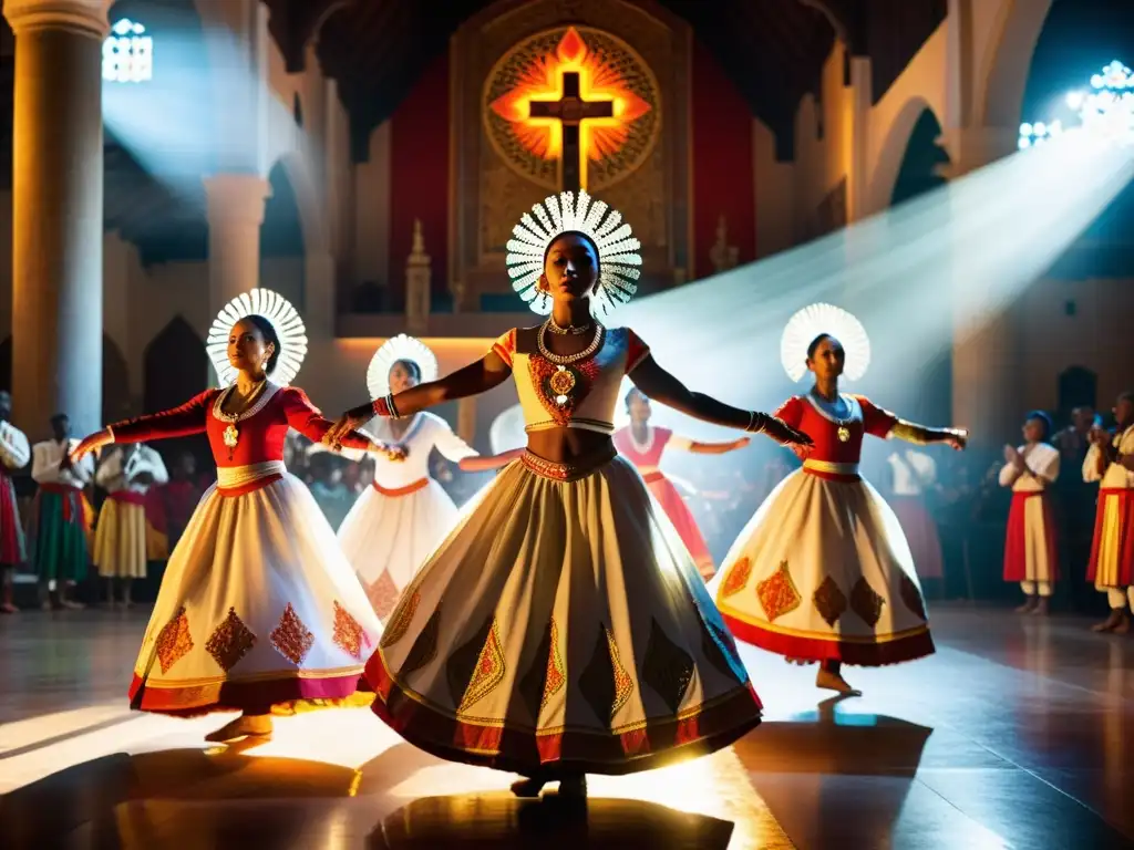 Danzas litúrgicas significado cultural: Grupo de bailarines con trajes tradicionales realizando una danza ceremonial en una iglesia ricamente decorada