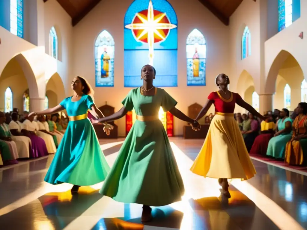 Danzas litúrgicas significado cultural: Grupo diverso realiza danza sincronizada en iglesia iluminada, expresando conexión espiritual y reverencia