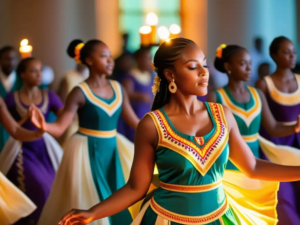 Danzas litúrgicas significado cultural: Grupo de personas en trajes coloridos realizando una danza sincronizada, iluminados por velas