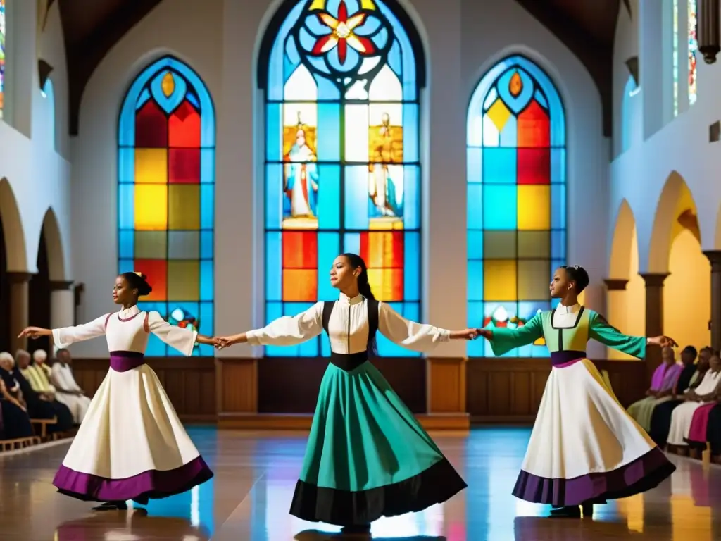 Danzas litúrgicas significado cultural: Grupo de bailarines en trajes religiosos ejecutando danza litúrgica en iglesia histórica