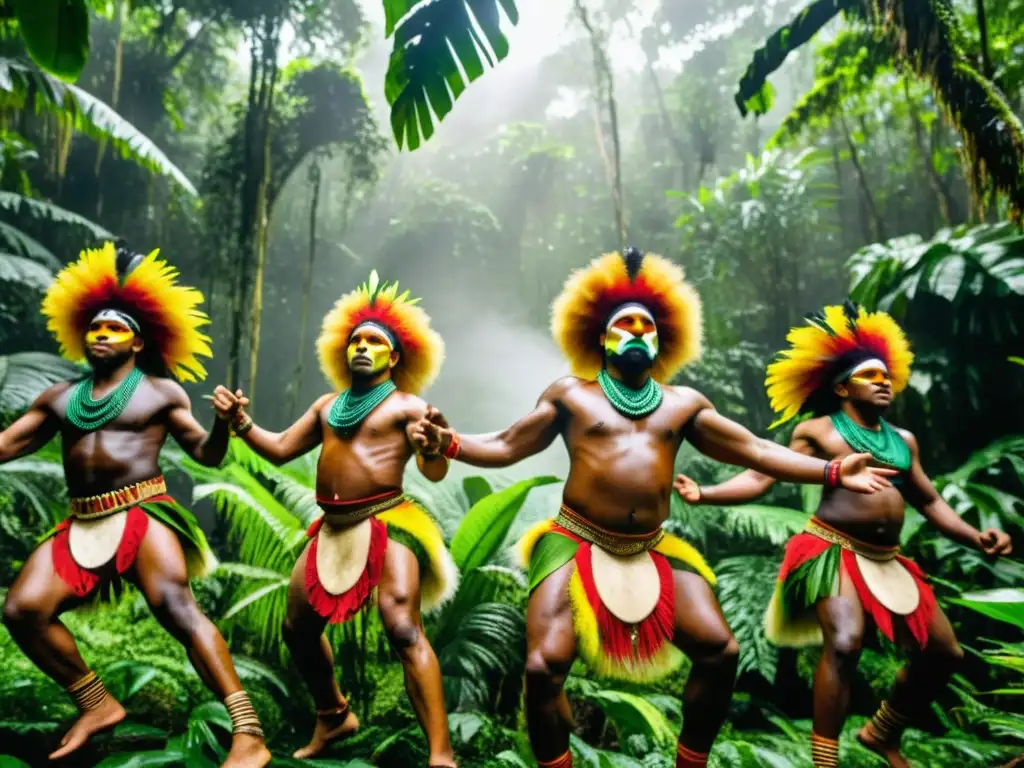 Danzas de lluvia Papúa Nueva Guinea: Grupo de bailarines indígenas en trajes tradicionales, realizando un baile ritual en la exuberante selva