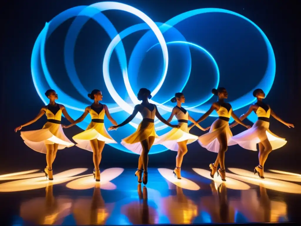 Danzas multimedia integrando elementos visuales y auditivos: Grupo de bailarines con trajes LED brillantes en escenario iluminado, moviéndose en sincronía con proyecciones y música envolvente