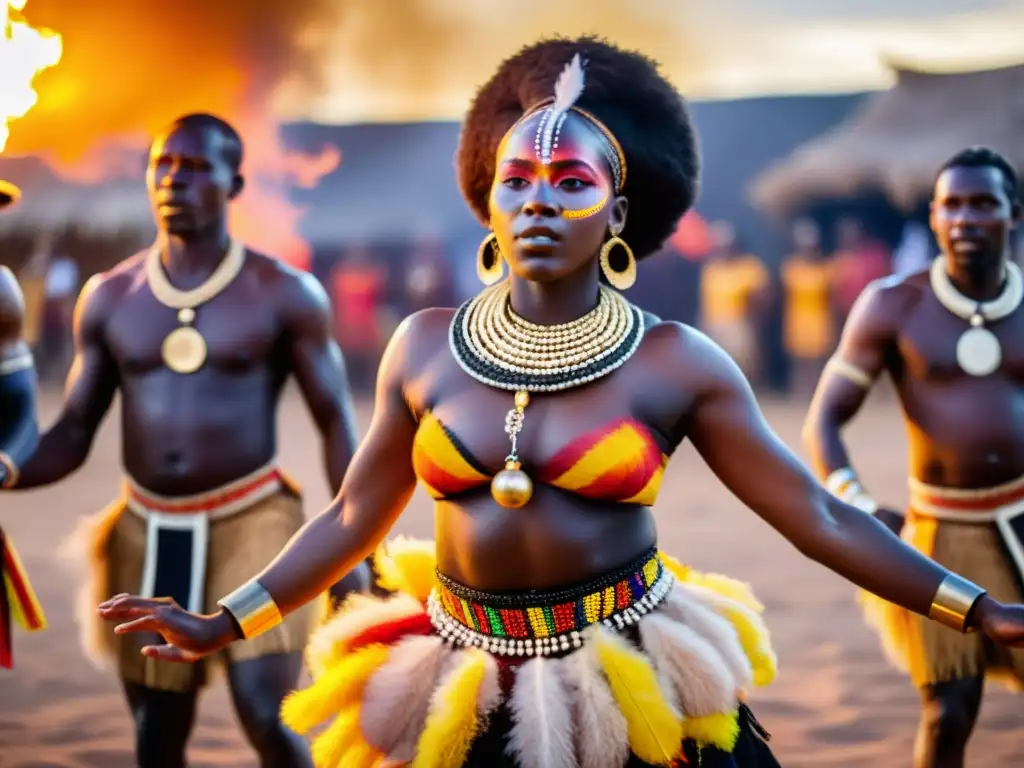 Danzas narrativas tradicionales África: Un grupo de bailarines africanos con trajes coloridos y pintura corporal, bailando alrededor de un fuego