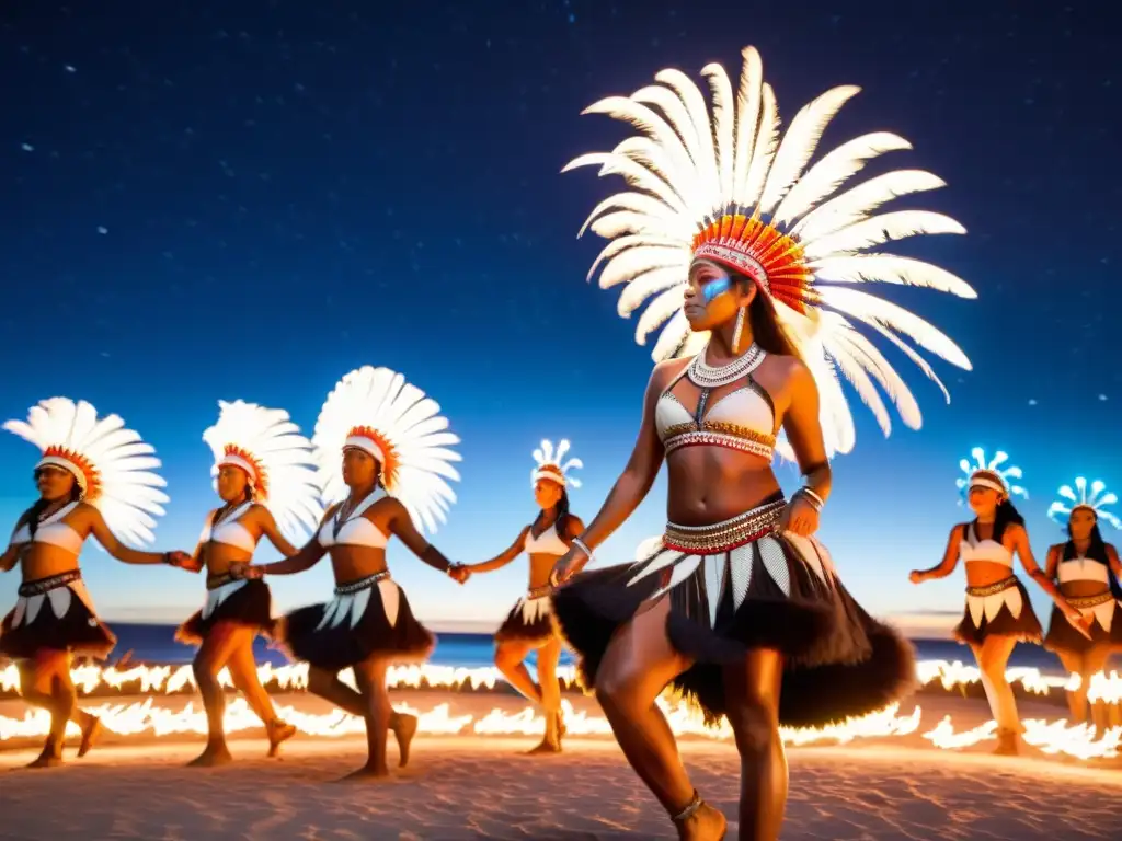 Danzas nocturnas tradicionales en Oceanía: Grupo de bailarines con plumajes y antorchas bajo un cielo estrellado y la luz de la luna