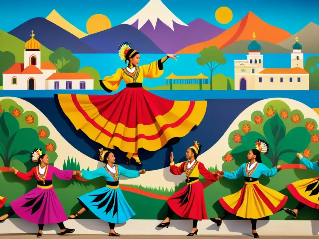 Danzas patrimoniales en murales: Colorido mural de danzas folclóricas, destacando la tradición y la expresión cultural