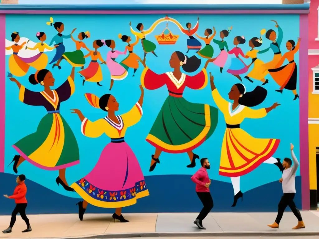 Danzas patrimoniales en murales: Mural vibrante con bailarines folclóricos, trajes coloridos y espectadores aplaudiendo