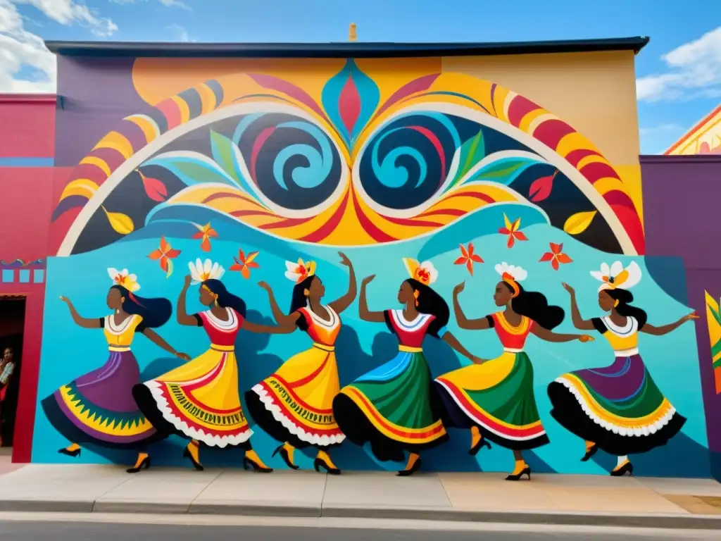 Danzas patrimoniales en murales: Un vibrante mural muestra bailarines tradicionales en trajes coloridos, rodeados de patrones y simbolismo, capturando la energía de la danza