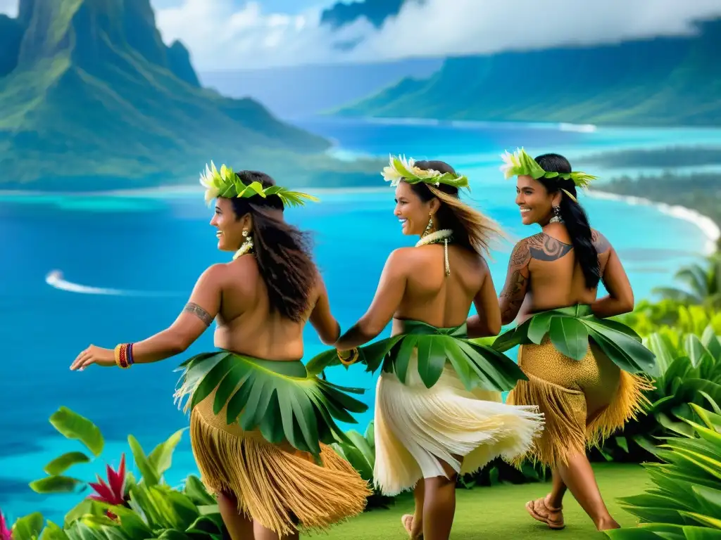 Danzas polinesias en el Festival Heiva I Tahiti, con vestimenta colorida y paisaje exuberante