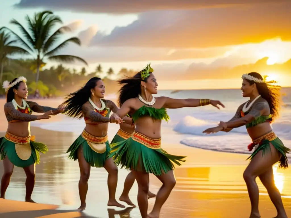 Danzas polinesias en la playa al atardecer, con tecnología integrada para difusión cultural