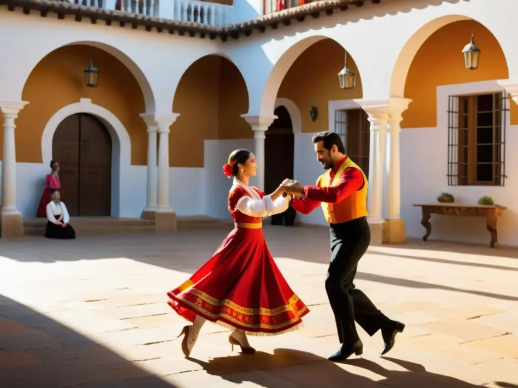 Masterclass de danzas regionales de España en un patio histórico con bailarines vestidos con trajes vibrantes, mostrando la pasión del fandango y jota