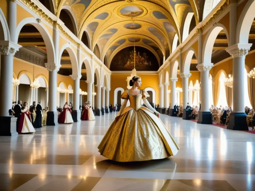 Danzas Renacimiento Europeo: majestuoso salón de baile con bailarines vestidos de época, capturando la elegancia y sofisticación cultural