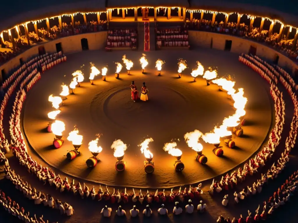 Danzas ritualísticas con música y efectos envolventes, en un espacio ceremonial iluminado por antorchas, creando una atmósfera mística y ancestral