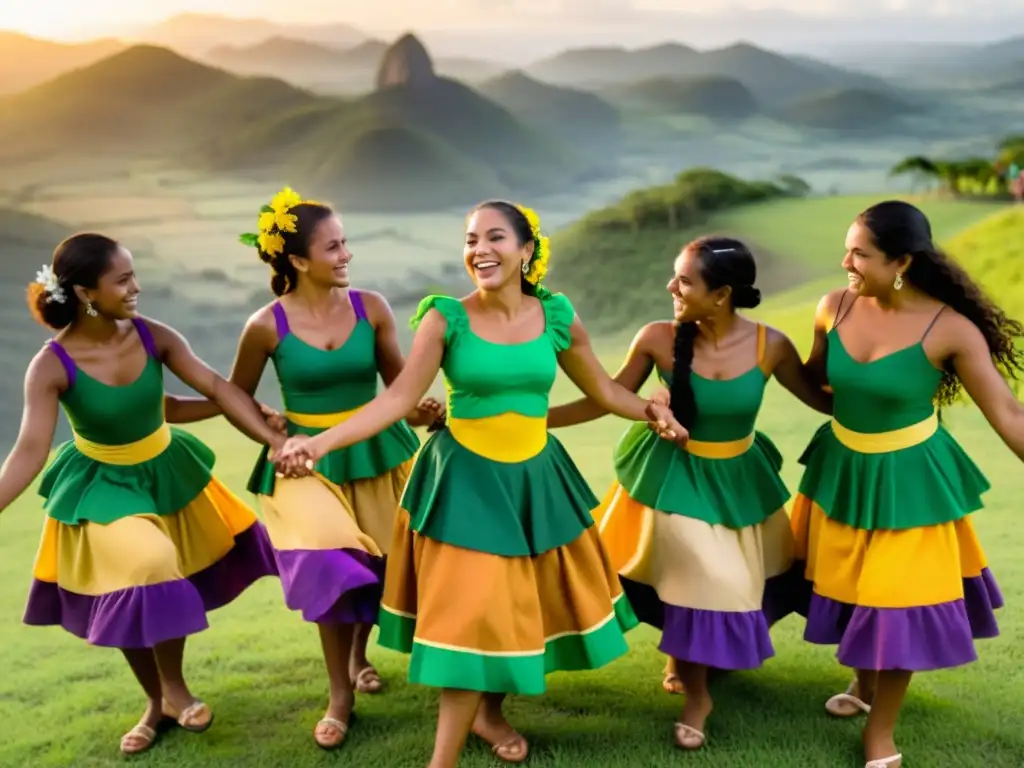 Danzas rurales en Brasil con Viola Caipira: Coloridos bailarines celebran al atardecer en un círculo, transmitiendo alegría y pasión