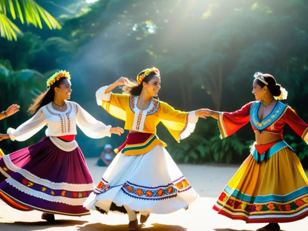 Danzas rurales en Brasil con Viola Caipira: Coloridos danzantes y músico en un escenario natural, capturando la esencia de la cultura brasileña