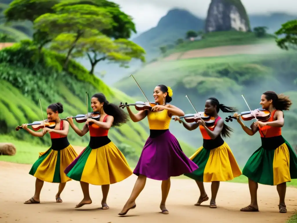 Danzas rurales en Brasil con Viola Caipira: escena documental de música y baile tradicional rodeada de exuberante vegetación