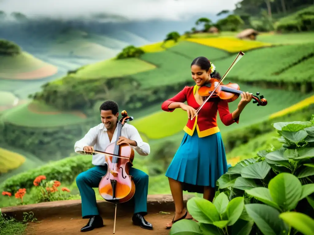 Danzas rurales en Brasil con Viola Caipira: Músicos apasionados interpretando en entorno natural exuberante