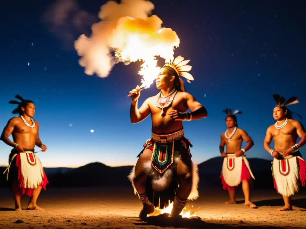 Baile ceremonial indígena alrededor de la fogata Danzas sagradas alrededor del mundo: Bailarines indígenas realizan un ritual ceremonial alrededor de una fogata bajo un cielo estrellado, envueltos en trajes tradicionales coloridos y plumas