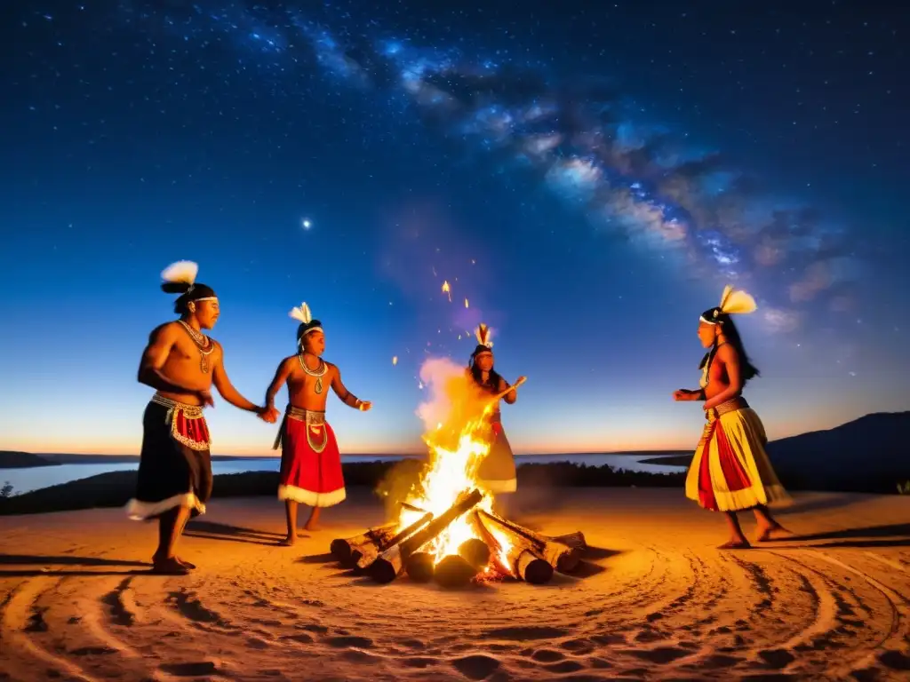 Danza sagrada de indígenas alrededor del fuego Danzas sagradas alrededor del mundo: Danzantes indígenas en trajes tradicionales junto a una fogata bajo el cielo estrellado